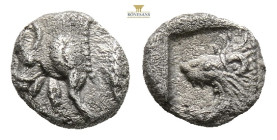 Mysia, Kyzikos AR Obol. Circa 450-400 BC. (0.30g, 7.3mm3h.) Forepart of boar to left, tunny fish behind / Head of roaring lion to left within incuse s...