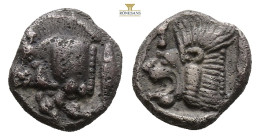 Mysia, Kyzikos AR Obol. Circa 450-400 BC. (0.83g, 9.6mm3h.) Forepart of boar to left, tunny fish behind / Head of roaring lion to left within incuse s...