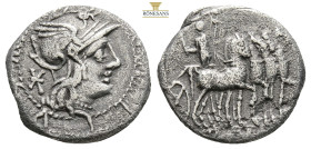 P. Maenius M.f. Antias or Antiaticus. 132 B.C. AR denarius (3.55g, 18mm)Helmeted head of Roma right; behind, symbol / P. (MAE) (ANT) below, ROMA in ex...