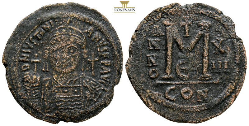 Justinian I AE 40 Nummi. Constantinople, dated RY 13 = AD 539/40 (19.50g, 3150mm...
