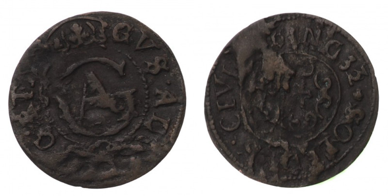 Panowanie Szwedów, Gustaw II Adolf,Szeląg, 1633 - Elbląg - Przebitka Rzadka prze...