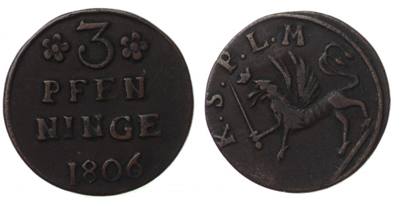 Pomorze, Gustaw IV Adolf, 3 fenigi 1806, Strzałów 
Grade: VF+