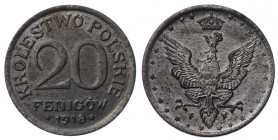 Królestwo Polskie, 20 Fenigów 1918 F - Stuttgart, piękna z mocnym efektem ducha widocznym przy głowie orła