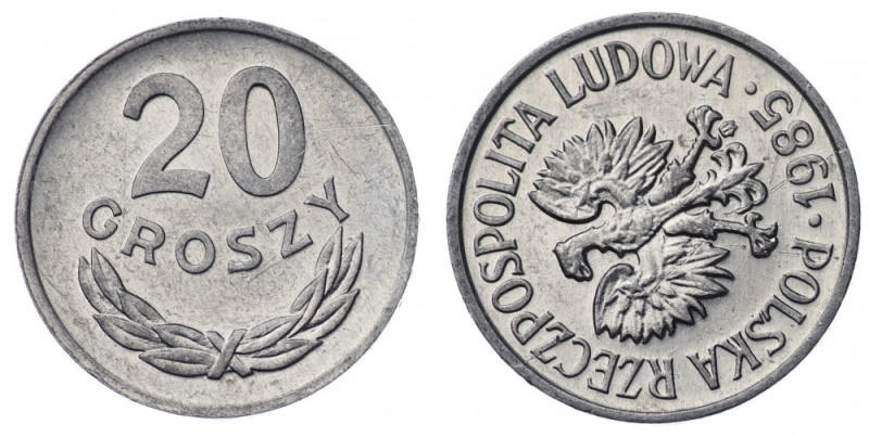 Polska, PRL, 20 groszy 1985 - skrętka rysy w polu daty 
Grade: AU/XF+