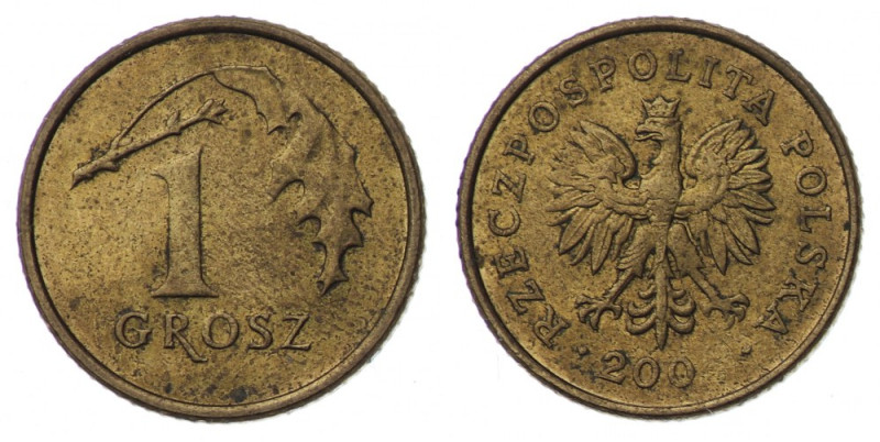 Polska, III RP, 1 grosz 200 (5?) - zapchany stempel brak znkau mennicy spowodowa...