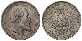 Niemcy, Wirtembergia, Wilhelm II, 3 marki 1907 F, Stuttgart