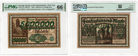 Gdańsk, 5 milionów marek 1923 - nadruk zielony - PMG 66 EPQ 2-ga max nota