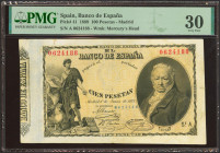 100 Pesetas. 1 de Junio de 1889. Serie A. (Edifil 2023: 299, Pick: 41). Raro, mínimamente reparado. MBC+. Encapsulado PMG30 (minor repair).