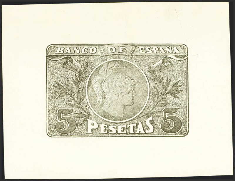 5 Pesetas. 1898. Prueba calcográfica de reverso de un billete no emitido. (Edifi...