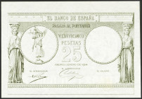 25 Pesetas. 1 de Enero de 1904. Prueba del anverso, sin numeración y sin firma del cajero. (Edifil 2023: NE11P). Muy rara. SC-.
