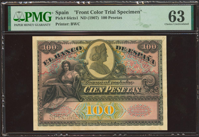 100 Pesetas. 15 de Julio de 1907. Prueba de color de anverso y reverso, sin nume...