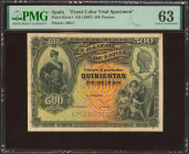 500 Pesetas. 15 de Julio de 1907. Prueba de color de anverso y reverso, sin numeración y taladrado SPECIMEN. (Edifil 2023: 321Pa, Pick: 65cts1, 65cts2...