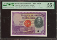50 Pesetas. 1 de Julio de 1928. Sin numeración, sello en rojo de Bradbury y sin firma del cajero. (Edifil 2023: 329Mb, Pick: 75s). Rarísimo, apresto o...