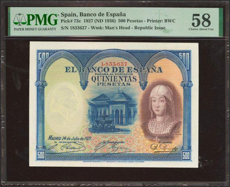 500 Pesetas. 24 de Julio de 1927. Sin serie y numeración posterior 1602000. (Edi...
