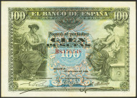 100 Pesetas. 30 de Junio de 1906. Serie B y sello en seco GOBIERNO PROVISIONAL DE LA REPUBLICA / 14 ABRIL 1931. (Edifil 2023: 342, Pick: 59b). MBC.