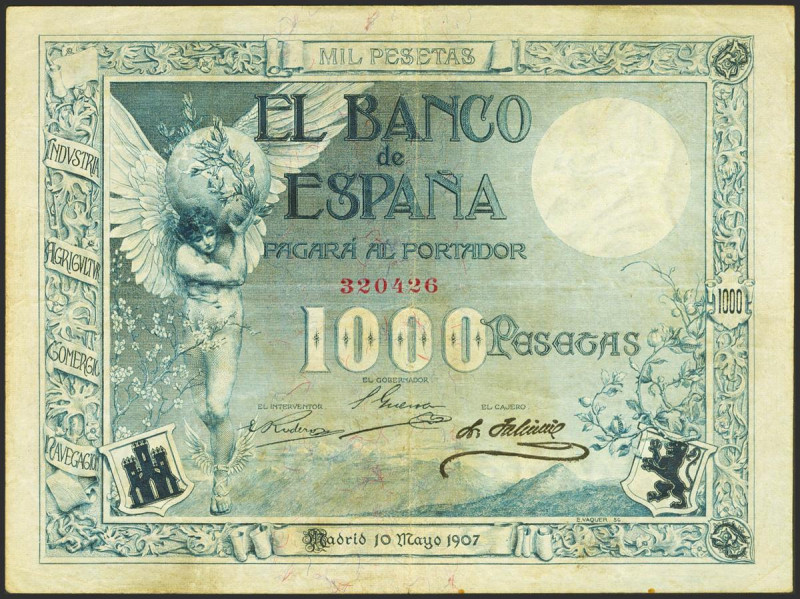 1000 Pesetas. 10 de Mayo de 1907. Sin serie y con el sello GOBIERNO PROVISIONAL ...
