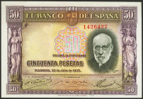 50 Pesetas. 22 de Julio de 1935. Sin serie. (Edifil 2023: 366, Pick: 88a). Raro en esta excepcional calidad, apresto original. SC.
