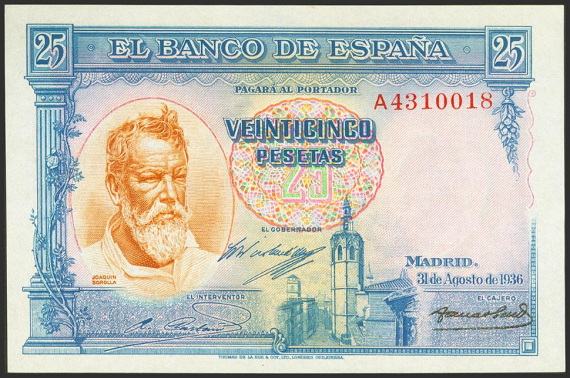 25 Pesetas. 31 de Agosto de 1936. Serie A. (Edifil 2023: 367a). Conserva todo su...