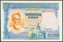 25 Pesetas. 31 de Agosto de 1936. Serie A. (Edifil 2023: 367a). Conserva todo su apresto original. SC.