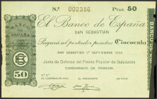 50 Pesetas. 1 de Septiembre de 1936. NO EMITIDO y Banco de San Sebastián. (Edifil 2023: NE39). Rarísimo, pequeñas roturitas en los márgenes sin ningun...
