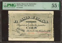100 Pesetas. 1 de Noviembre de 1936. Sucursal de Santander, antefirma del Banco de Santander. Sin Serie. (Edifil 2023: 379g, Pick: S585e). Muy raro en...