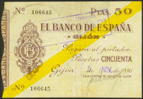 50 Pesetas. 5 de Noviembre de 1936. Sucursal de Gijón. Sin serie. (Edifil 2023: 383, Pick: S574). Inusual en esta calidad. EBC-.