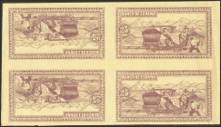 25 Pesetas No Emitido (de este valor sólo se conoce el reverso). Septiembre 1937. Sucursal de Gijón. Bloque de cuatro. (Edifil 2023: NE29Pb). Inusual....