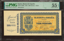 100 Pesetas. Septiembre 1937. Sin serie, sin numeración y con matriz a izquierda. (Edifil 2023: 399a, Pick: S580r). Ondulación natural del proceso de ...