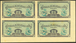 25 Céntimos. 1937. Asturias y León. Sin serie. (Edifil 2023: 394, Pick: S601). Bloque de cuatro sin numeración, esquina de pliego. SC-.