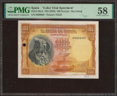 100 Pesetas. 11 de Marzo 1938. Prueba de color del No Emitido y Numeración 0,000,000. (Edifil 2023: NE32Ma, Pick: 90cts). Extremadamente raro, muy poc...