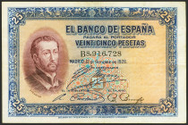 25 Pesetas. 12 de Octubre de 1926. Serie B y sello en seco ESTADO ESPAÑOL / BURGOS. (Edifil 2023: 402). MBC.