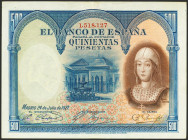 500 Pesetas. 24 de Julio de 1927. Sin serie, numeración inferior a 1602000 y sello en seco ESTADO ESPAÑOL / BURGOS. (Edifil 2023: 413). EBC-