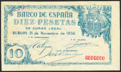10 Pesetas. 21 de Noviembre de 1936. Sucursal de Burgos. Sin fondo litográfico y con taladro tapado. (Edifil 2023: 418P). Muy raro y apresto original....