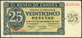 25 Pesetas. 21 de Noviembre de 1936. Serie O. (Edifil 2023: 419a, Pick: 99a). Ondulación que no llega a romper la fibra, conserva todo su apresto orig...