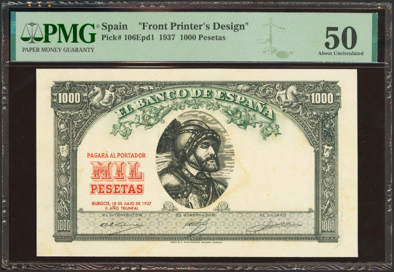 1000 Pesetas. 18 de Julio de 1937. Pruebas de color del No Emitido, de anverso y...