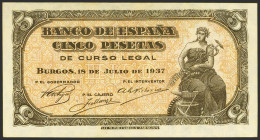 5 Pesetas. 18 de Julio de 1937. Sin serie. (Edifil 2023: 424, Pick: 106a). Inusual en esta calidad, conserva todo su apresto original. SC.