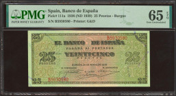 25 Pesetas. 20 de Mayo de 1938. Serie B. (Edifil 2023: 430a, Pick: 111a). Inusual en esta excepcional calidad, apresto original. SC. Encapsulado PMG65...