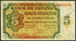 5 Pesetas. 10 de Agosto de 1938. Serie A. (Edifil 2023: 435, Pick: 110a). Apresto original. SC-.