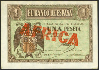 1 Peseta. 30 de Abril de 1938. Serie A. (Edifil 2023: 428A). Sobrecarga AFRICA, en rojo. Extremadamente raro, conserva todo su apresto original, coinc...