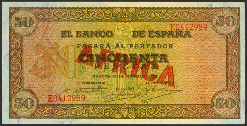 50 Pesetas. 20 de Mayo de 1938. Serie E, ultima serie emitida. (Edifil 2023: 431...