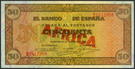 50 Pesetas. 20 de Mayo de 1938. Serie E, ultima serie emitida. (Edifil 2023: 431a, Pick: 112a). Sobrecarga AFRICA, en rojo. Extremadamente raro, conse...