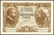 25 Pesetas. 9 de Enero de 1940. Prueba del anverso y reverso con un color no definitivo y con la numeración A1234567 (números consecutivos). (Edifil 2...