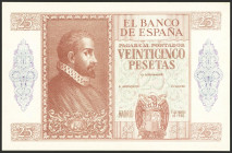 25 Pesetas. 9 de Enero de 1940. NO EMITIDO. Prueba del anverso en un color no definitivo y sin numeración. (Edifil 2023: NE49P). Extraordinariamente r...