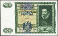 Prueba de anverso del billete de 500 Pesetas emitido el 9 de Enero de 1940, sin numeración, sin firma del cajero y con fondo litográfico. (Edifil 2023...