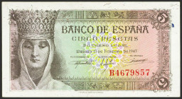5 Pesetas. 13 de Febrero de 1943. Serie B. (Edifil 2023: 446a, Pick: 127a). Apresto original. SC-.