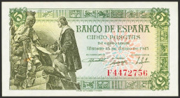 5 Pesetas. 15 de Julio de 1945. Serie F. (Edifil 2023: 449a, Pick: 129a). Apresto original. SC.