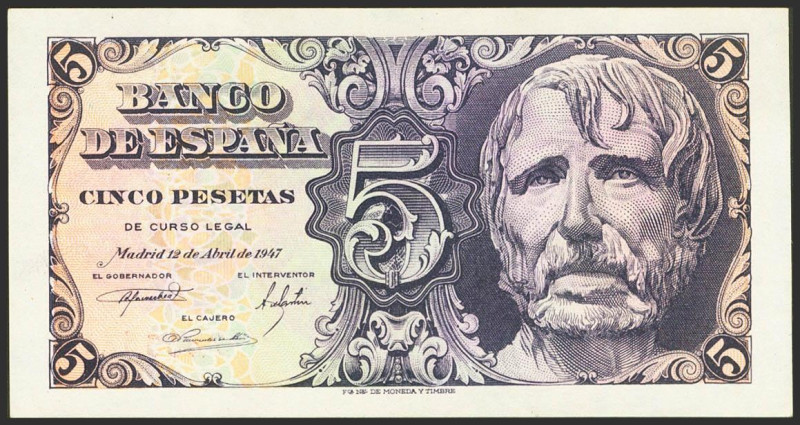 5 Pesetas. 12 de Abril de 1947. Sin serie. (Edifil 2023: 454, Pick: 134a). Apres...