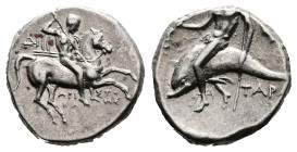 Calabria. Tarentum, circa 275-240 BC. AR Nomos or Didrachm (18.5 mm, 6.57 g.). Aristokles, magistrate. Nude warrior on horse prancing to right, holdin...