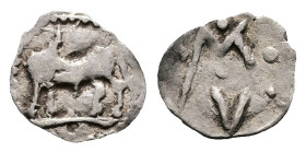 Lucania. Sybaris, circa 550-510 BC. AR Hemiobol (10.7 mm, 0.33 g). Bull standing left on dotted ground line, his head turned back to right; in exergue...