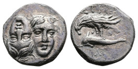 Moesia. Istros, circa 313-280 BC. AR Drachm (18.2 mm, 4.69 g.). Two facing male heads side by side, one upright and the other inverted. Rev. ΙΣΤΡΙΗ, s...